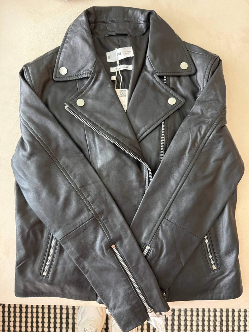 Mango Black Leather Moto Jacket with Silver Hardware XS
